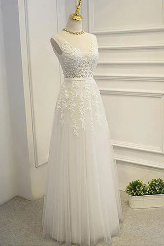 A-line Simple Lace V-neck Floor Length Wedding Dresses Bridal Gown