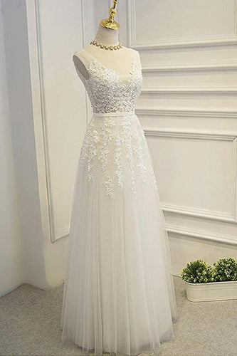 Simple Lace A-line V-neck Floor Length Wedding Dresses, Bridal Gown, MW583