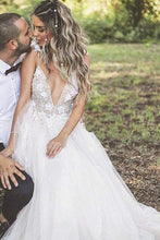 Simple Lace Top Spaghetti Straps A-Line Sweep Train Long Wedding Dresses,MW324