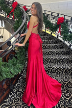 Simple Red Mermaid Satin Halter Backless Prom Dresses Evening Dress