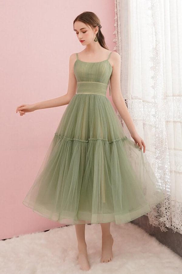 Simple Sage Green Tulle Round Neck Homecoming Graduation Dresses PD434