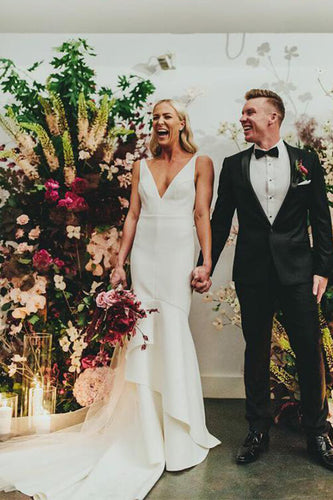 Simple Satin Mermaid V-neck Sweep Train Wedding Dresses, Bridal Gown, MW632