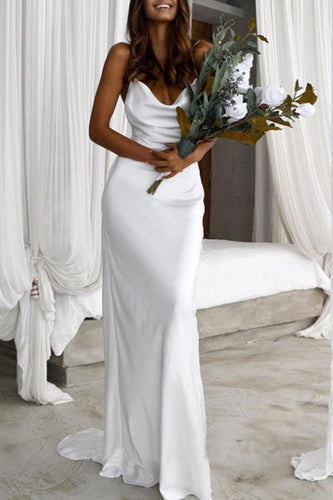 Simple Silk Satin Mermaid Backless Spaghetti Straps Wedding Dresses, MW602