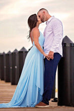 Simple Sky Blue Rustic Thigh Split Beach Wedding Dresses with Sweep Train, MW527