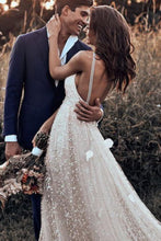 Simple Tulle A-line V-neck Backless Spaghetti Starps Wedding Dresses, MW568