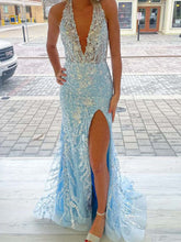 Sky Blue Halter Sequin Applique Mermaid Prom Dress with Slit