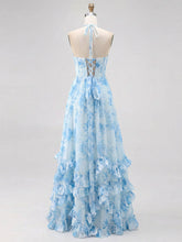 Sky Blue Watercolor Floral Halter Ruffled Hem Prom Dress with Crystal Trim