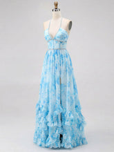 Sky Blue Watercolor Floral Halter Ruffled Hem Prom Dress with Crystal Trim