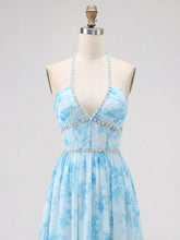 Sky Blue Watercolor Floral Halter Ruffled Hem Prom Dress with Crystal Trim