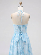Sky Blue Watercolor Floral Halter Ruffled Hem Prom Dress with Crystal Trim