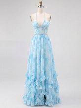 Sky Blue Watercolor Floral Halter Ruffled Hem Prom Dress with Crystal Trim