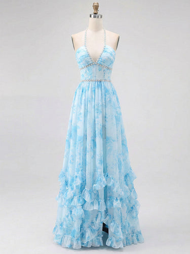 Sky Blue Watercolor Floral Halter Ruffled Hem Prom Dress with Crystal Trim