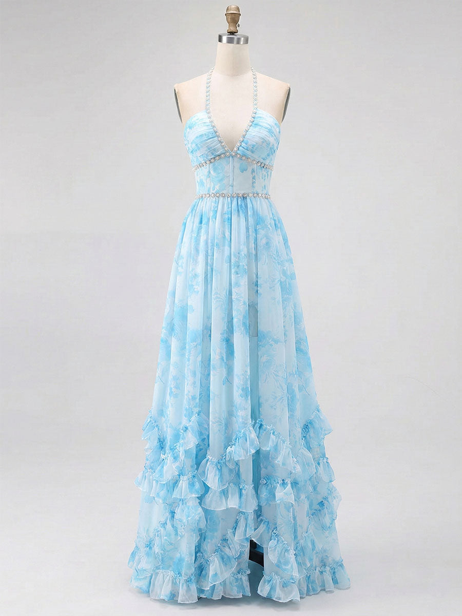 Sky Blue Watercolor Floral Halter Ruffled Hem Prom Dress with Crystal Trim