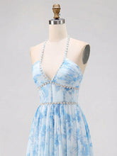 Sky Blue Watercolor Floral Halter Ruffled Hem Prom Dress with Crystal Trim