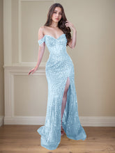 Red Off-the-Shoulder Beaded Tulle Long Prom Dress with Swirling Sequins