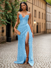 Red Strapless Beaded Fringe Waist Sequin Prom Dress with High Slit