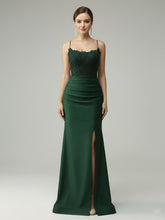 Spaghetti Straps Mermaid Halter Beaded Long Prom Dress with Slit
