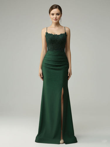 Spaghetti Straps Mermaid Halter Beaded Long Prom Dress with Slit