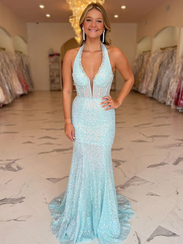 Sparkling Aqua Blue Crystal Halter Mermaid Long Prom Dress