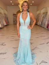 Sparkling Aqua Blue Crystal Halter Mermaid Long Prom Dress