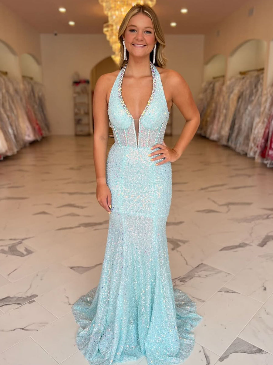 aqua blue mermaid prom dresses Sequin Mermaid Long Prom Dress