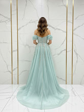 Sparkling Aqua Blue Off-the-Shoulder Beaded Prom Dress with Slit