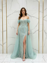 Sparkling Aqua Blue Off-the-Shoulder Beaded Prom Dress with Slit