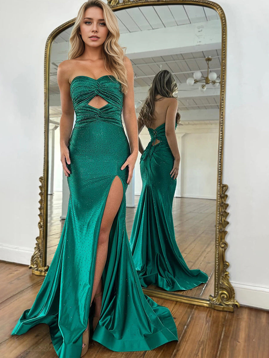 Sparkling Emerald Green Rhinestone Cutout Prom Dress with Slit