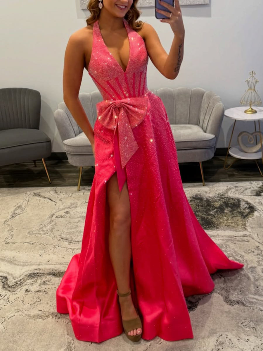 Sparkling Hot Pink Halter Corset Prom Dress with Bow