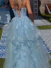Sparkling Light Blue Floral Tiered Ruffle Long Prom Dress