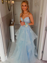 Sparkling Light Blue Floral Tiered Ruffle Long Prom Dress