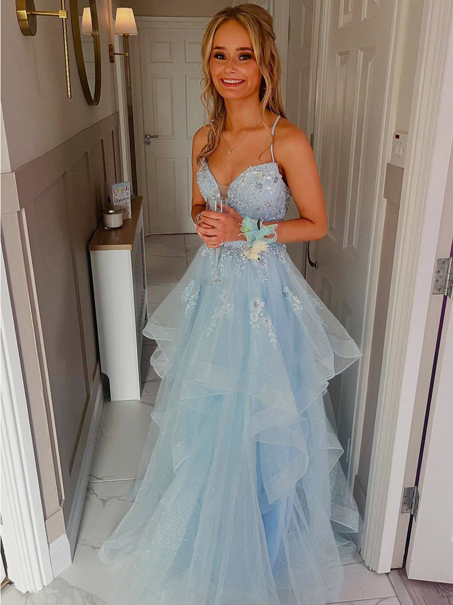 Sparkling Light Blue Floral Tiered Ruffle Long Prom Dress