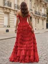 Sparkling Royal Blue Off The Shoulder Tiered Ruffle Corset Prom Dress with Slit