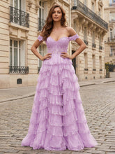 Sparkling Royal Blue Off The Shoulder Tiered Ruffle Corset Prom Dress with Slit