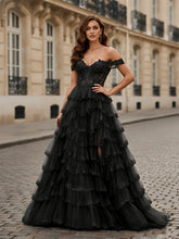 Sparkling Royal Blue Off The Shoulder Tiered Ruffle Corset Prom Dress with Slit