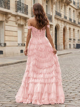 Sparkling Royal Blue Off The Shoulder Tiered Ruffle Corset Prom Dress with Slit