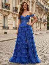 Sparkling Royal Blue Off The Shoulder Tiered Ruffle Corset Prom Dress with Slit