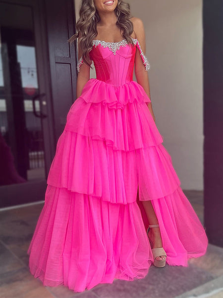 Sparkly A-Line Off the Shoulder Corset Ruffles Long Prom Dress with Slit