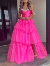 Sparkly A-Line Off the Shoulder Corset Ruffles Long Prom Dress with Slit