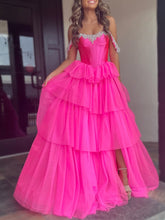 Sparkly A-Line Off the Shoulder Corset Ruffles Long Prom Dress with Slit