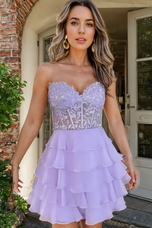 Sparkly A-line Strapless Appliques Tiered Lilac Homecoming Dress PD553