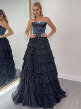 Sparkly A Line Sweetheart Tiered Chiffon Prom Dress with Slit