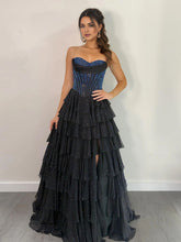 Sparkly A Line Sweetheart Tiered Chiffon Prom Dress with Slit