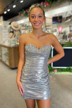 Sparkly Beaded Strapless Tight Satin Silver Homecoming Dress PD536