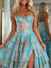 Sparkly Blue Floral Corset Ruffled Long Prom Dress with Slit