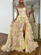 Sparkly Blue Floral Corset Ruffled Long Prom Dress with Slit