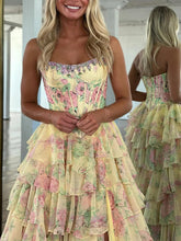 Sparkly Blue Floral Corset Ruffled Long Prom Dress with Slit