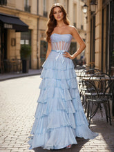 Sparkly Light Blue Strapless Tiered Ruffle Corset Prom Dress with Slit
