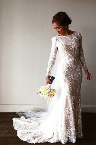 Sparkly Romantic Lace Mermaid Bateau Long Sleeves Wedding Dresses, MW544