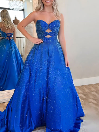 Sparkly A Line Cut Out Sweetheart Long Prom Dress with Beading